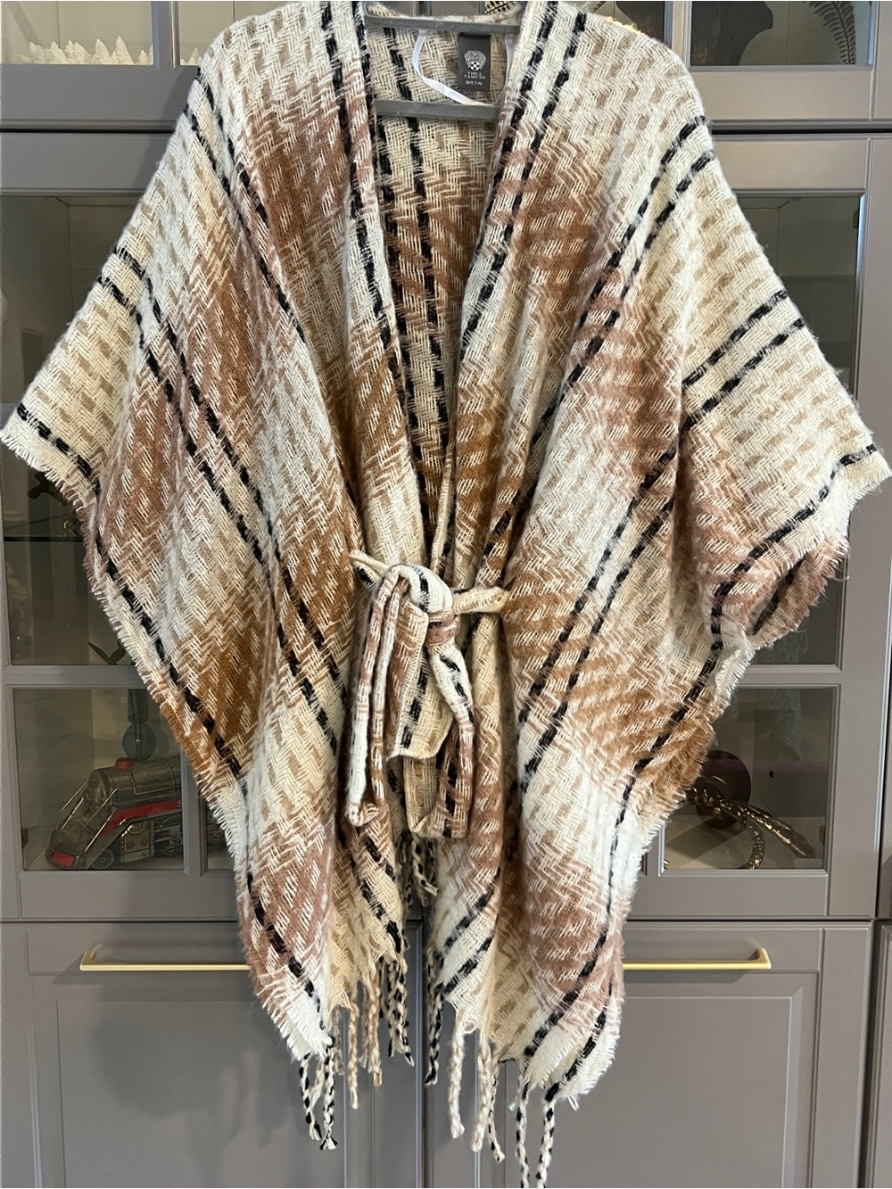 Vince Camuto Brown, Cream  & Fringe Tie-Waist Poncho